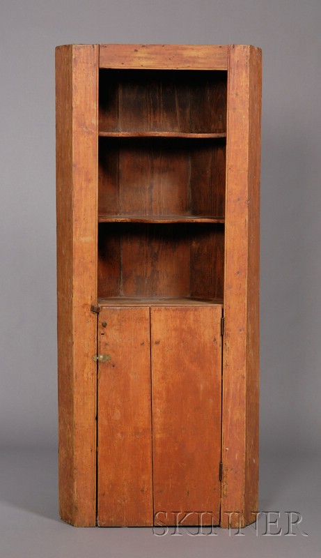 Appraisal: Diminutive Red-stained Pine Corner Cupboard New England th century scratch-beaded