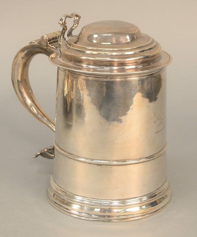 Appraisal: George II silver tankard worn marks date letter repair to