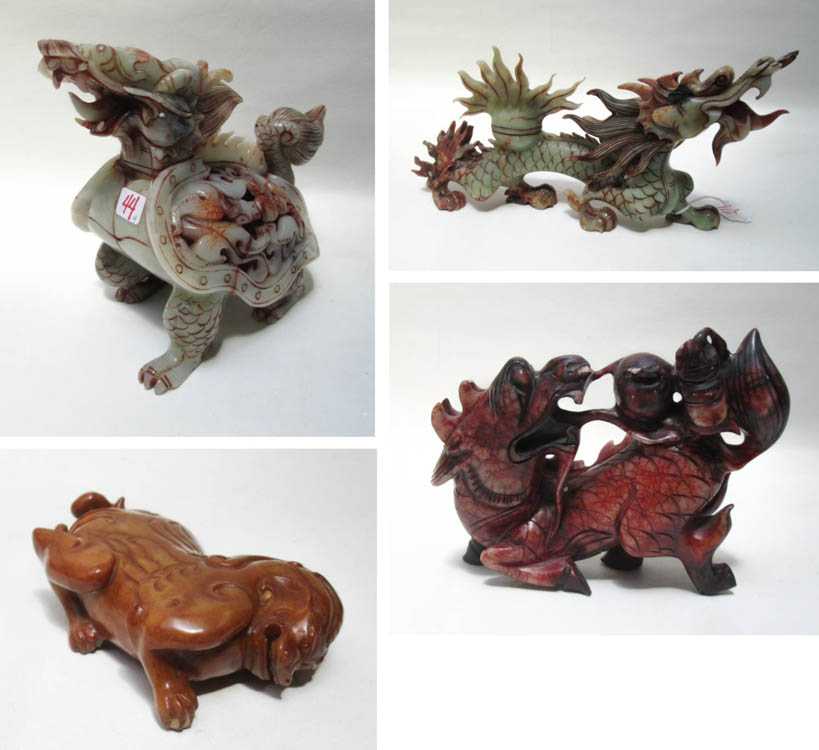 Appraisal: FOUR SOAPSTONE FIGURAL SCULPTURES depicting mythological creatures in various poses