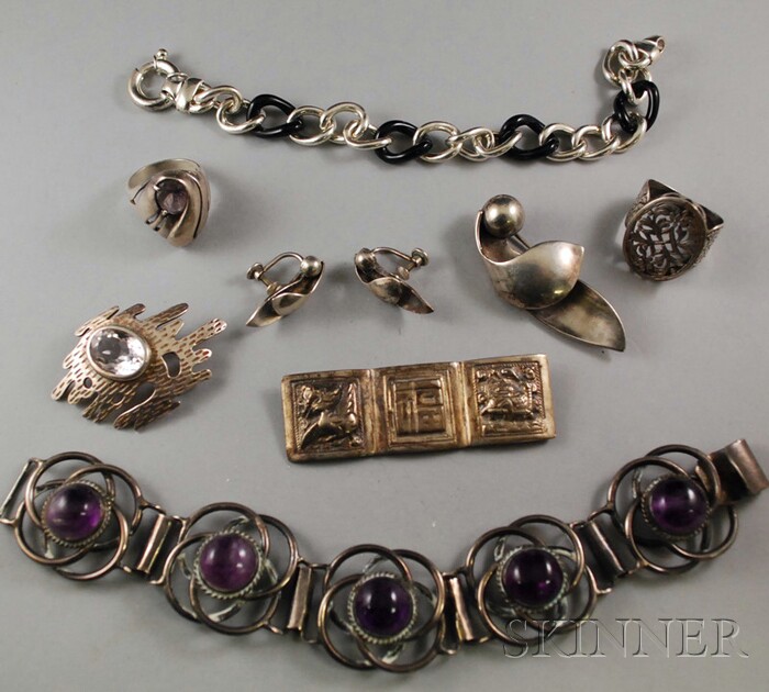 Appraisal: Group of Sterling Silver Jewelry a Mexican amethyst bracelet a