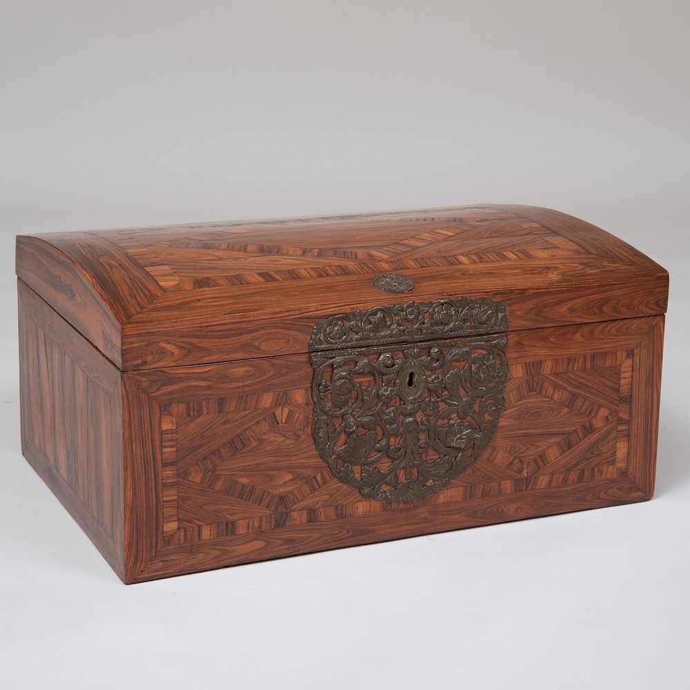 Appraisal: Continental Metal-Mounted Rosewood Parquetry Domed Travelling Box Possibly North Italian