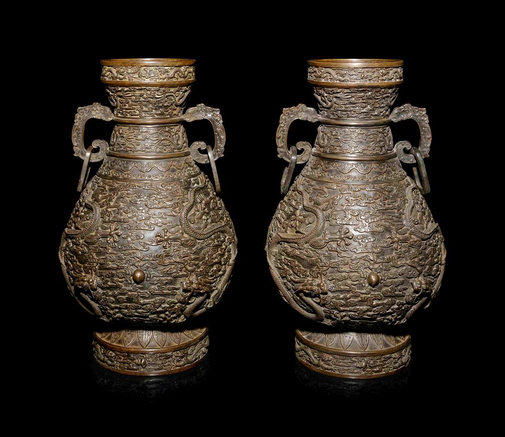 Appraisal: A Pair of Bronze Baluster Vases Height in cm A