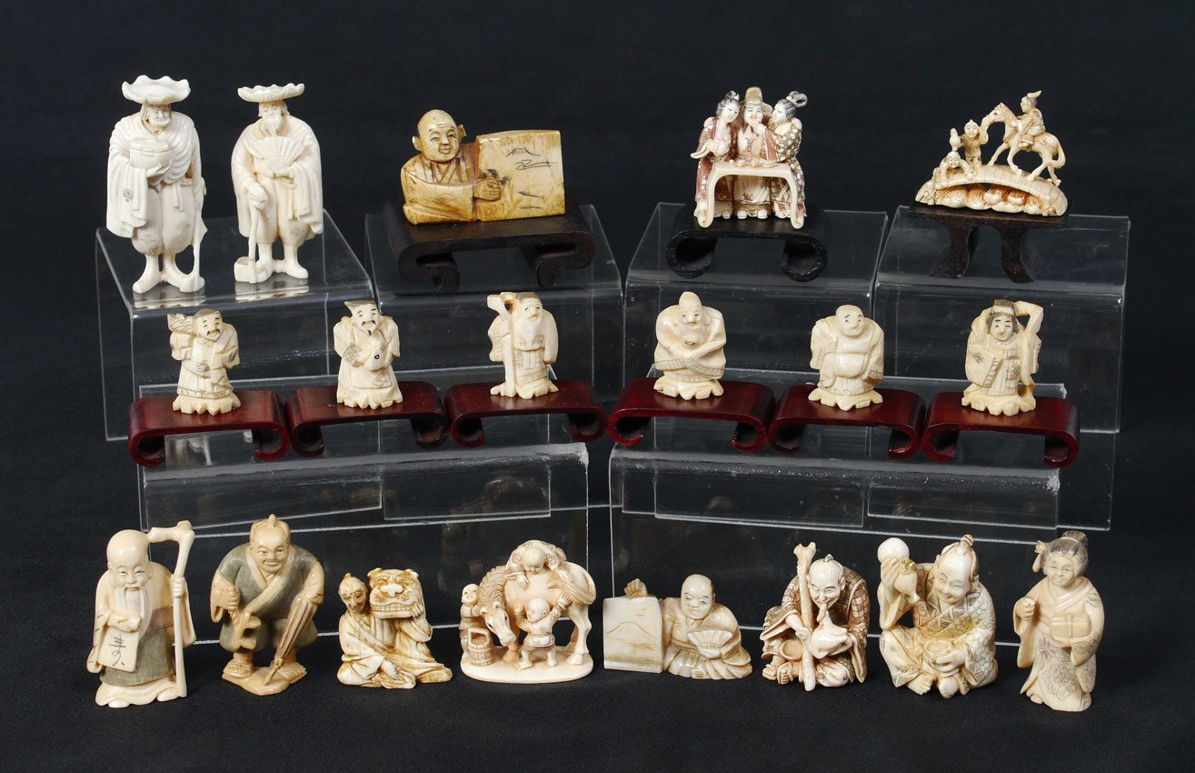 Appraisal: PIECE COLLECTION OF CARVED IVORY FIGURES To include netsuke and