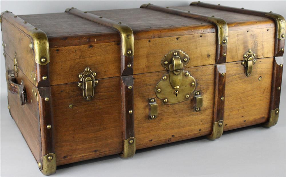 Appraisal: ANTIQUE TRUNK WITH BENTWOOD DETAILS BRASS MOUNTS AND LEATHER HANDLES