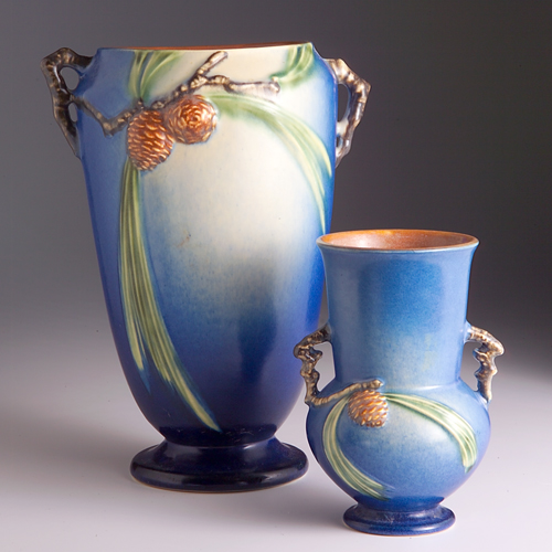 Appraisal: Two ROSEVILLE blue Pine Cone vases - and - Minute