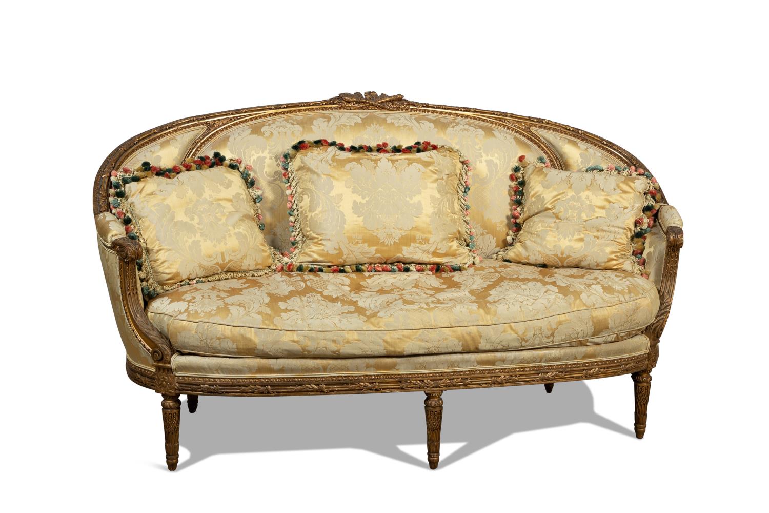 Appraisal: TH C FRENCH GILTWOOD SILK DAMASK CANAPE French giltwood and