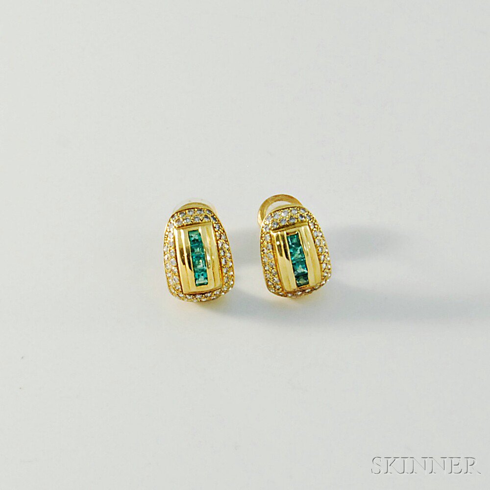 Appraisal: kt Gold Diamond and Emerald Earclips with central channel-set emeralds