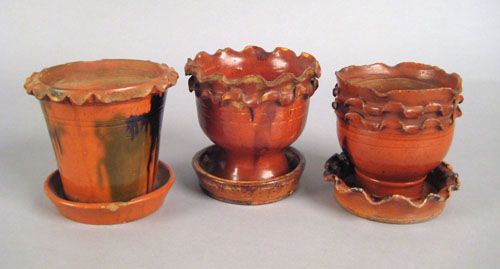 Appraisal: Three Pennsylvania redware flowerpots th c h and - h