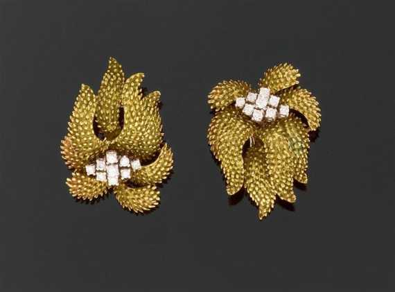 Appraisal: GOLD AND BRILLIANT-CUT DIAMOND CLIP EARRINGS Yellow and white gold