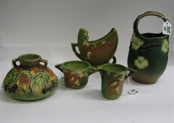 Appraisal: FIVE PIECES ROSEVILLE POTTERY in squat vase in the Blackberry