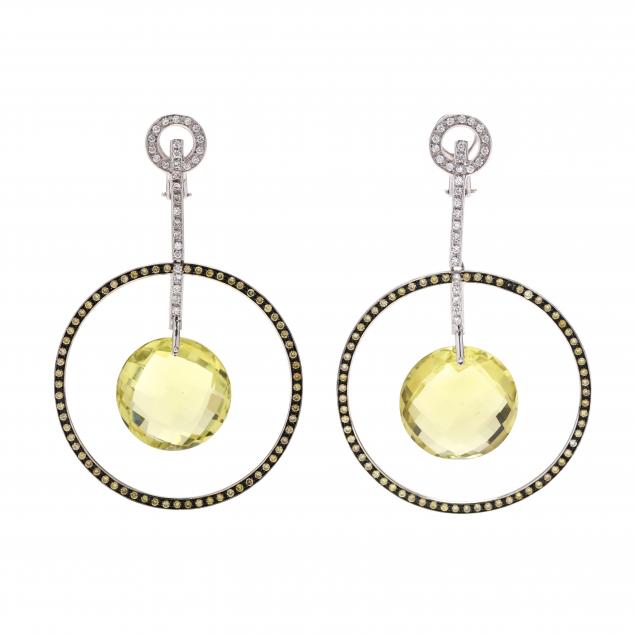 Appraisal: WHITE GOLD QUARTZ AND DIAMOND EARRINGS The white gold hoop