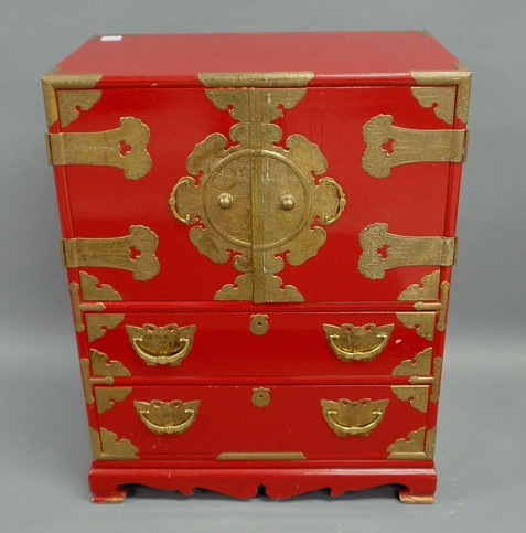 Appraisal: Red Chinese wedding style cabinet with brass mounts h x