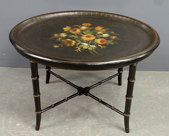 Appraisal: - Black oval tray table with Tole decoration on a