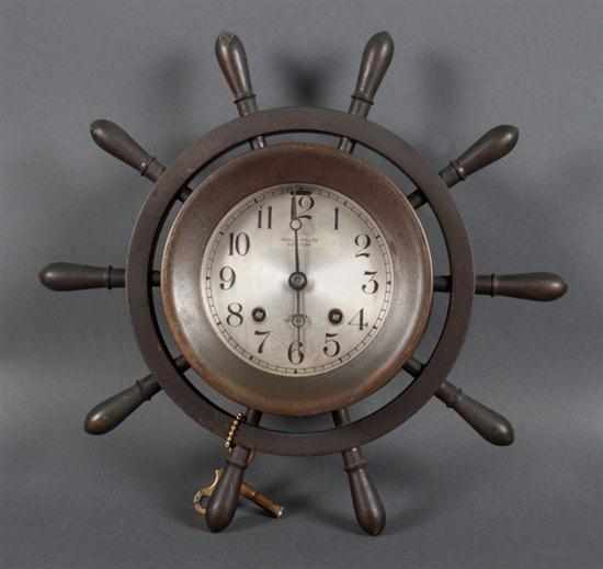 Appraisal: Chelsea bronze ship's wheel clock dated silvered metal face marked