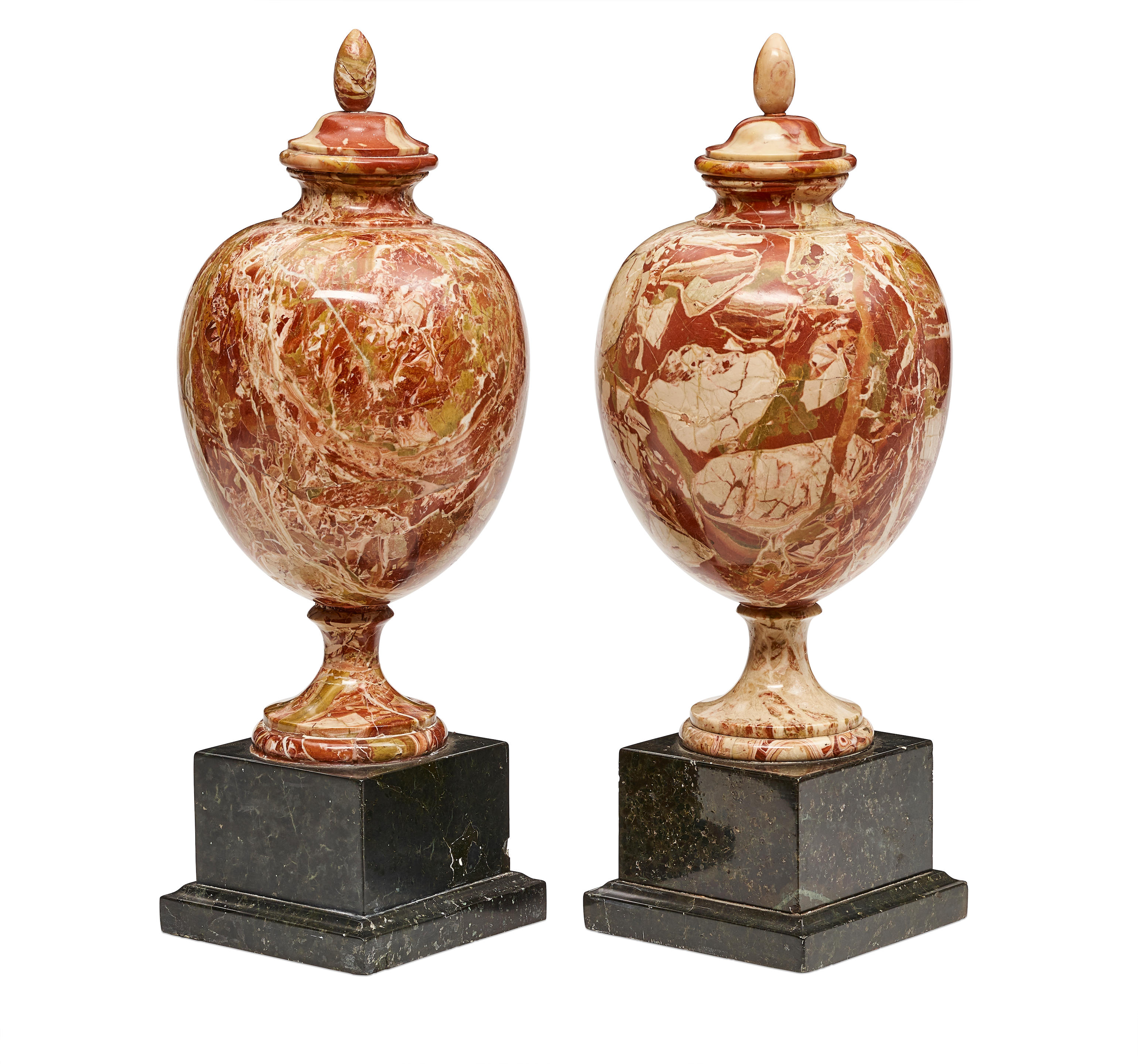 Appraisal: A PAIR OF ITALIAN PORTASANTA MARBLE COVERED URNS TH CENTURY