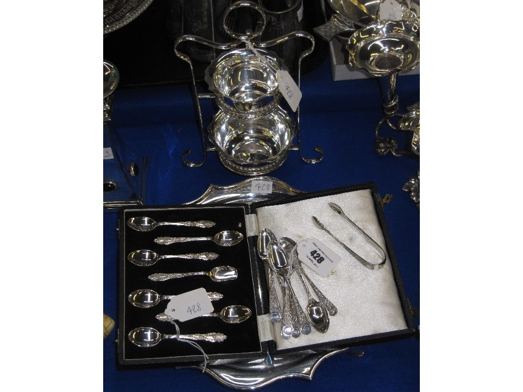 Appraisal: Lot comprising EP salver cased spoons and tong set and