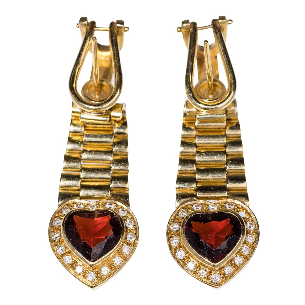 Appraisal: K YELLOW GOLD GARNET AND DIAMOND PIERCED EARRINGSDrop earrings having