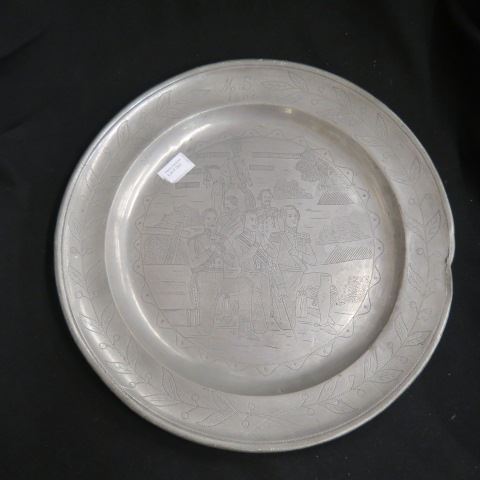 Appraisal: Pewter Charger engraved military scene diameter