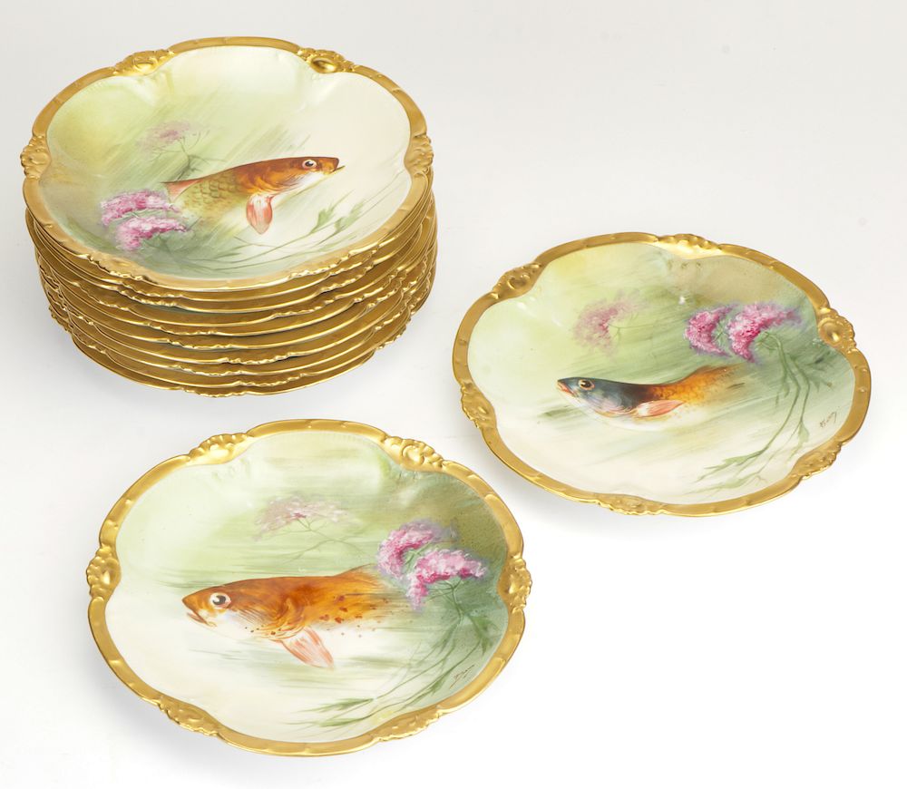 Appraisal: Set of Limoges Fish Plates Signed Barin Set of Signed