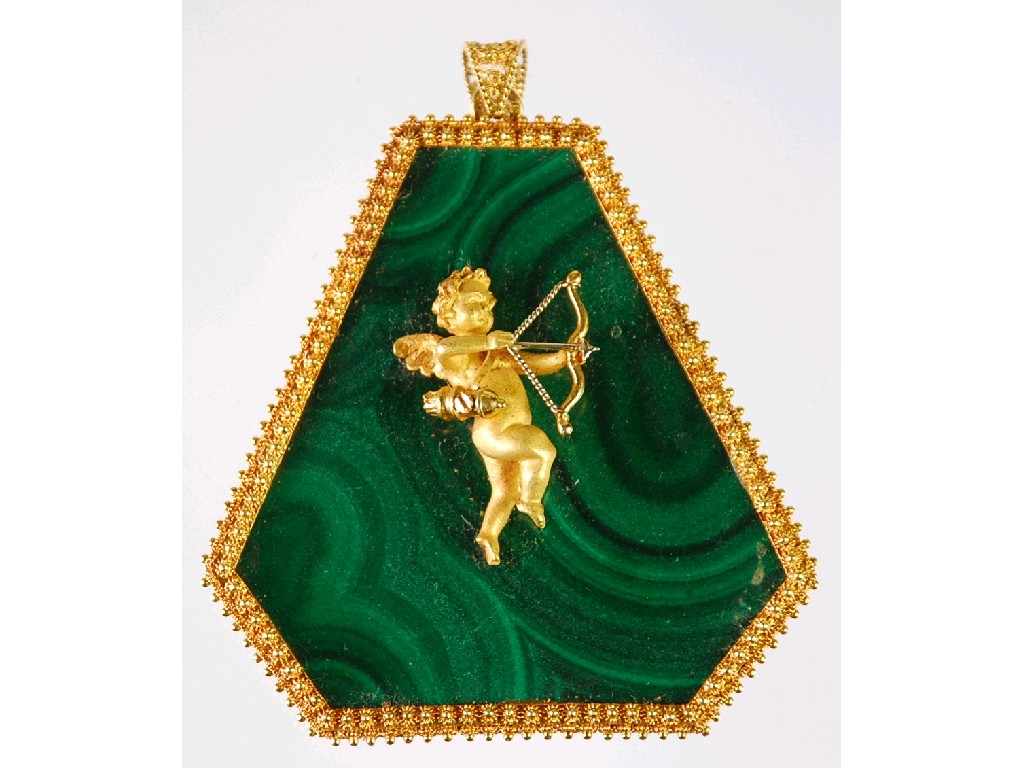 Appraisal: ct GOLD FRAMED LARGE TRIANGULAR MALACHITE PENDANT with canted corners