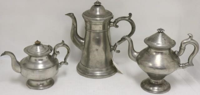 Appraisal: EARLY TH C AMERICAN PEWTER TEAPOTS TO INCLUDEA LIGHTHOUSE FORM