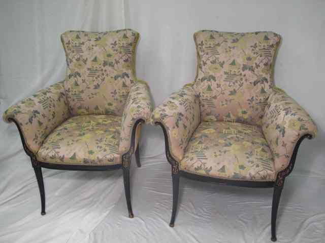 Appraisal: Two unusual wing back armchairs with silk and velvet chinoiserie