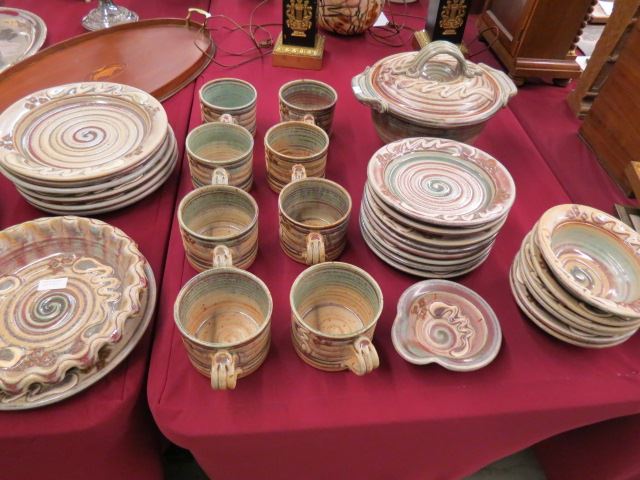 Appraisal: pcs Cat Jarosz Studio Pottery Dinnerware plates mugs bowls servers