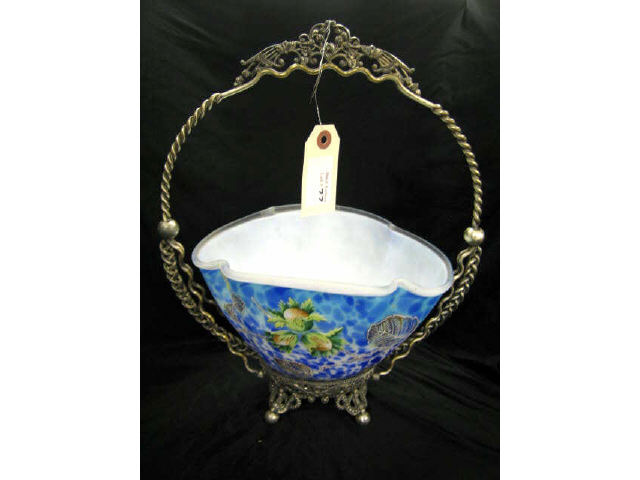 Appraisal: Victorian Art Glass Silverplate Brides Bowl enameled blue tortoise shell