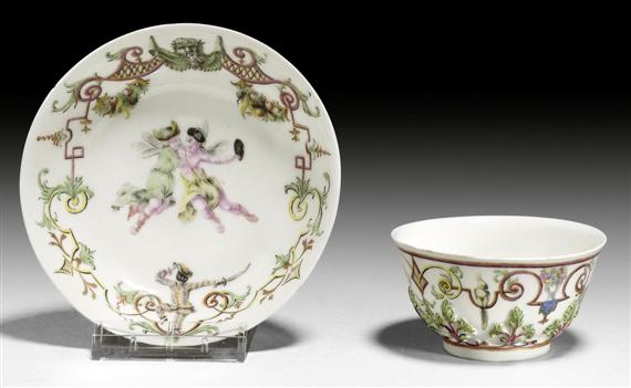 Appraisal: CUP AND SAUCER WITH HAUSMALER DECORATION MEISSEN CIRCA - The