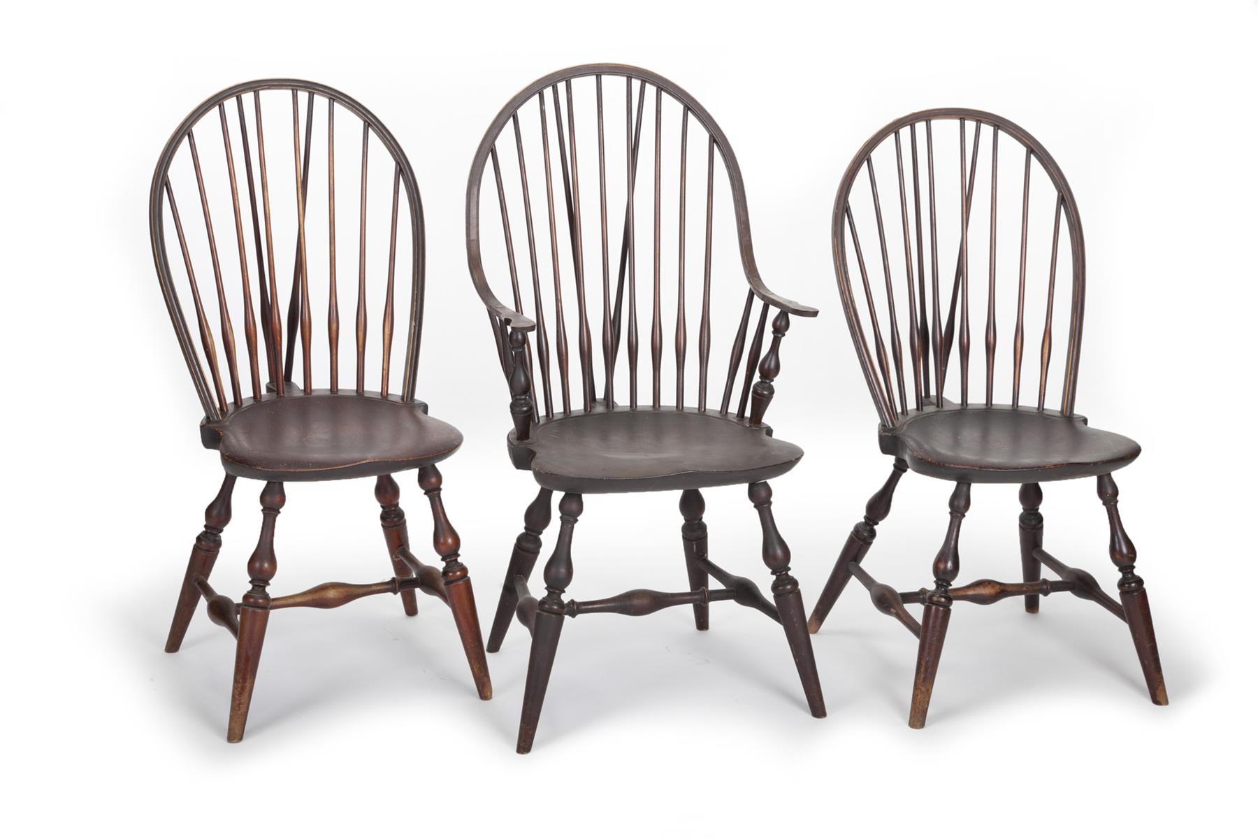 Appraisal: THREE AMERICAN BRACEBACK WINDSOR-STYLE CHAIRS Mid th century mixed woods