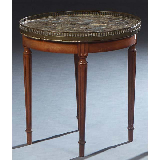 Appraisal: French Carved Walnut Marble Top Bouillotte Table th c with