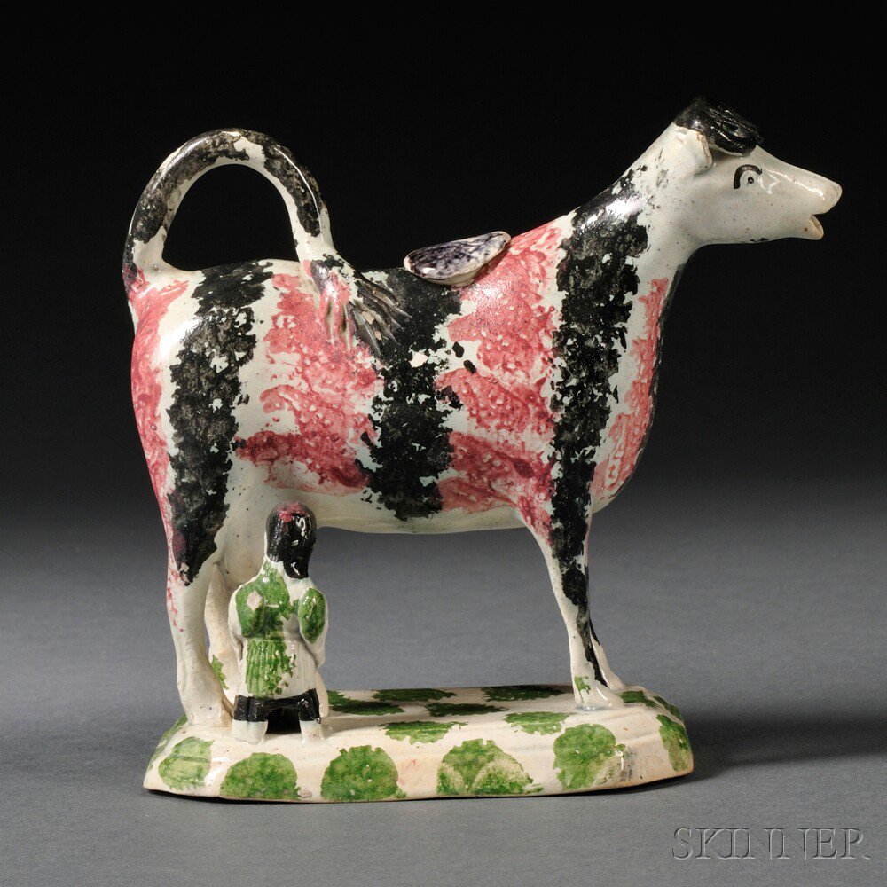 Appraisal: Staffordshire Earthenware Cow Creamer with Milkmaid England c sponge decorated