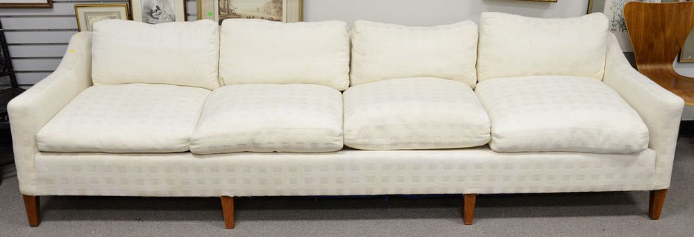 Appraisal: Tuxedo style sofa good condition ivory checked fabric l Tuxedo