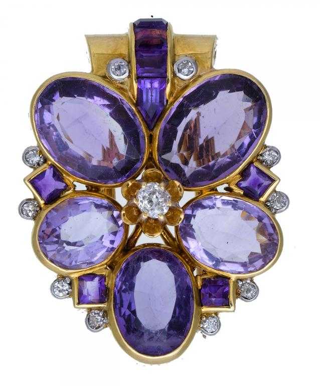 Appraisal: A FRENCH DIAMOND AND AMETHYST CLIP-BROOCH in yellow and white