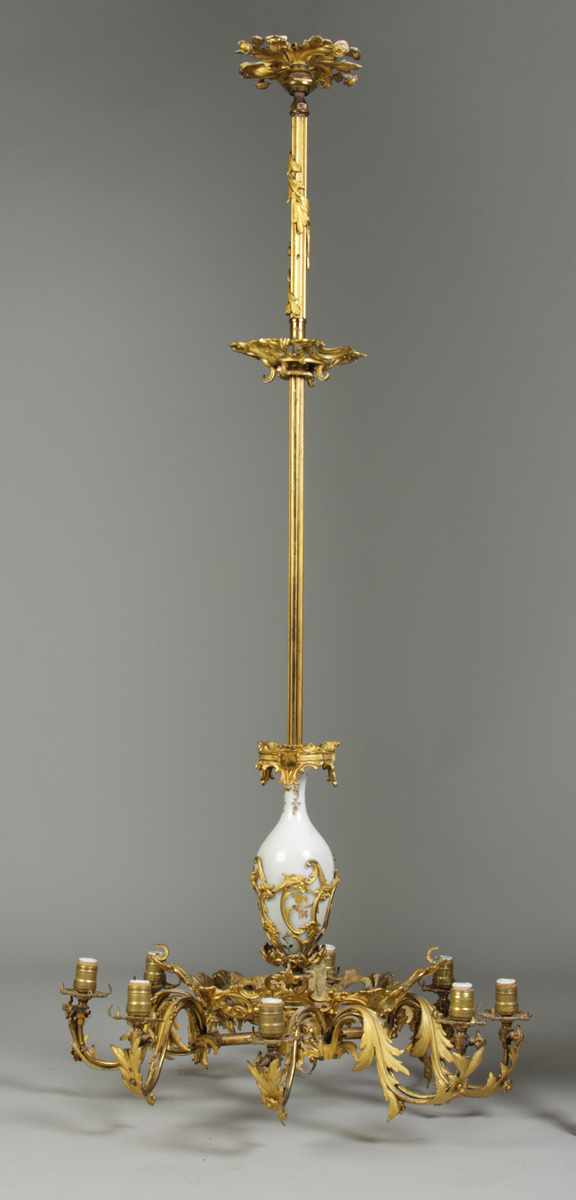 Appraisal: th Century Chandelier Fire gilded bronze Opalescent glass center post