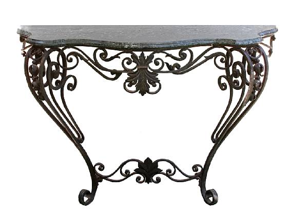 Appraisal: A wrought metal and marble topped console table height in