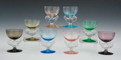 Appraisal: Eight Morgantown Chanticleer Rooster Cocktail Goblets In various colors the