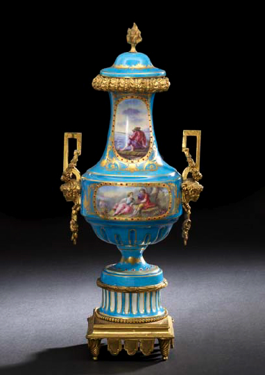 Appraisal: Good French Gilt-Brass-Mounted Bleu Celeste Porcelain Covered Garniture Vase fourth