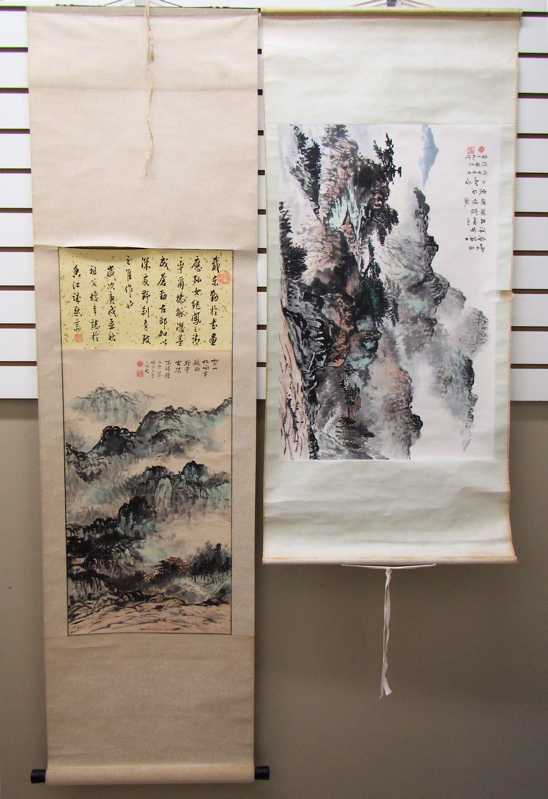 Appraisal: TWO CHINESE SCROLLS landscapes with mountains and calligraphy both signed