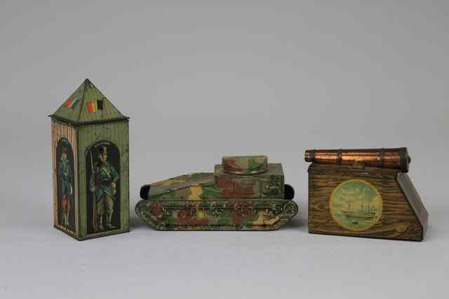 Appraisal: THREE BRITISH MILITARY BISCUIT TINS Huntley Palmers lithographed tinplate comprising