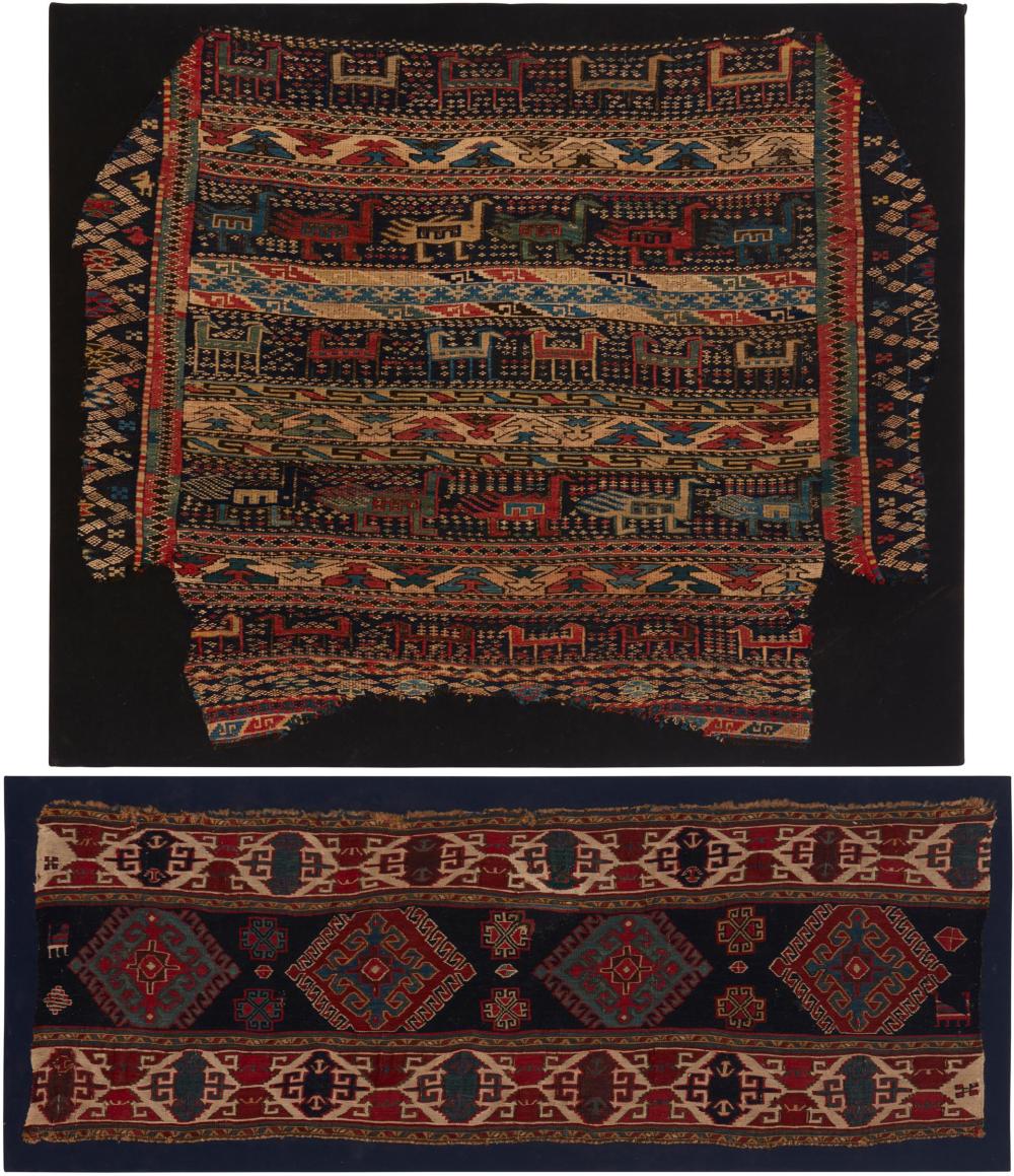 Appraisal: TWO MOUNTED CAUCASIAN TEXTILE FRAGMANTSTwo mounted Caucasian textile fragments th