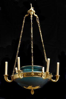 Appraisal: EMPIRE-STYLE GREEN-GLASS MOUNTED GILT-BRONZE SIX-LIGHT CHANDELIER The squat urn-form glass