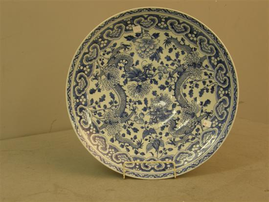 Appraisal: Chinese blue and white dish decorated with two dragons diameter