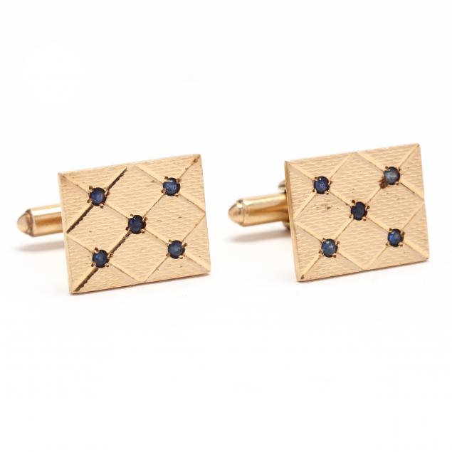 Appraisal: Gold and Sapphire Cufflinks Of rectangular form with engraved detailing