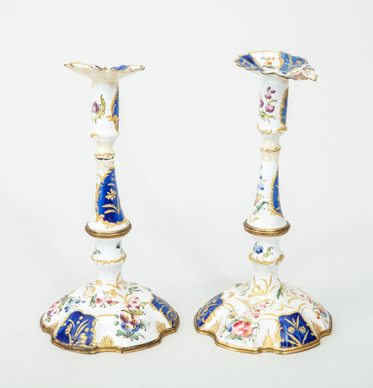 Appraisal: PAIR OF SOUTH STAFFORDSHIRE ENAMEL SHORT CANDLESTICKS One broken another