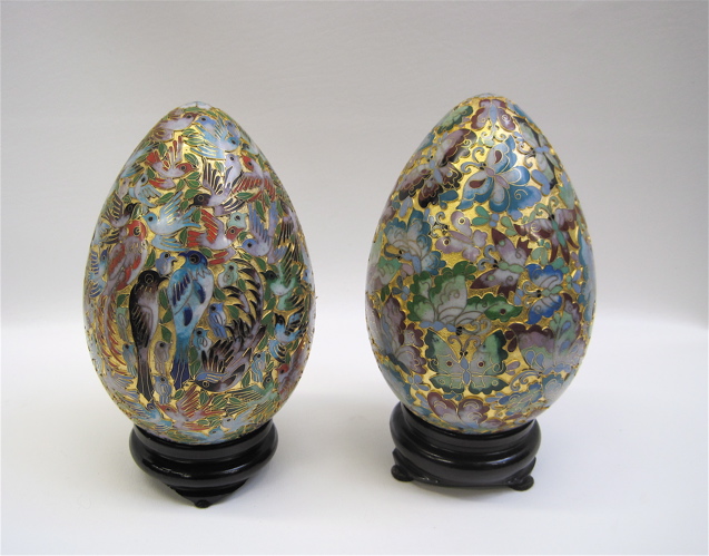 Appraisal: PAIR CHINESE CLOISONNE EGG SHAPED ORNAMENTS one with raised bird