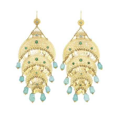 Appraisal: Pair of Filigree Gold and Tumbled Turquoise Bead Pendant-Earrings Estimate