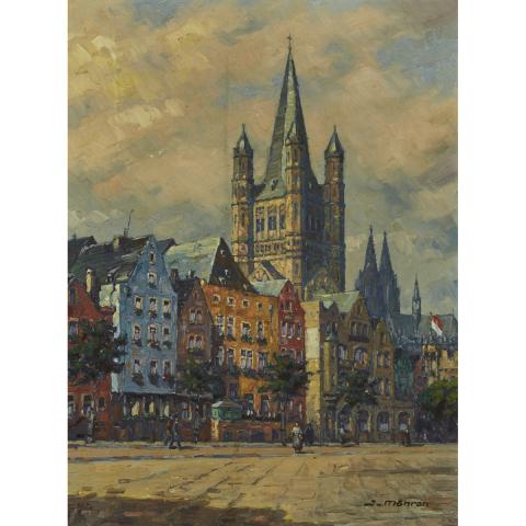 Appraisal: Jean M hren - STREET SCENE WITH CATHEDRAL German Oil