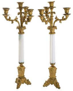 Appraisal: A PAIR OF GILT BRONZE AND MILK GLASS CANDELABRA TH