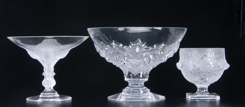 Appraisal: LALIQUE Three footed bowls clear and frosted comprising Aries Olonne